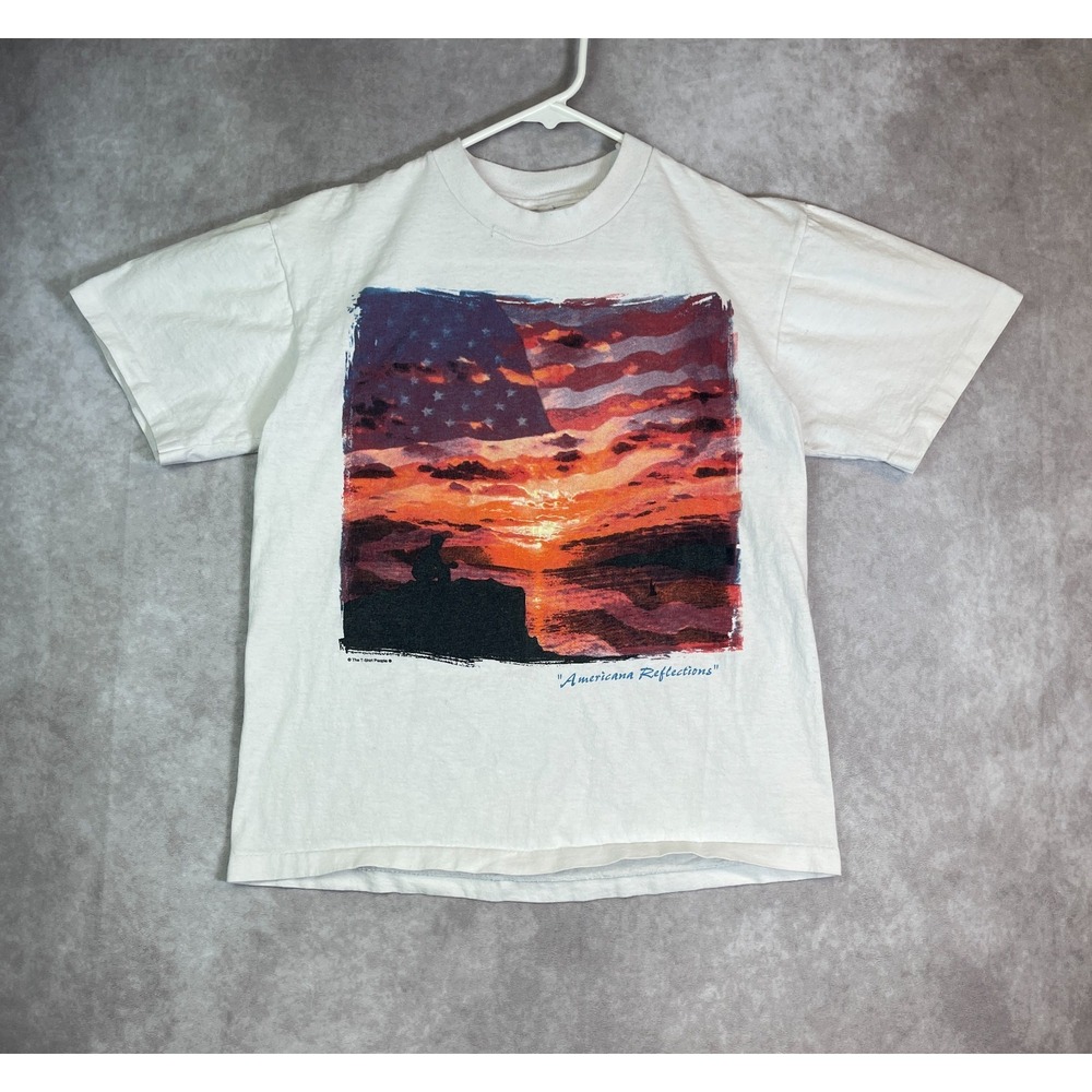VINTAGE American Flag Shirt Adult Small White Single Stitch Tee Patriotic USA